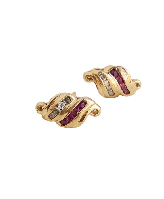 Vintage Diamond & Ruby Earrings - 14k Yellow Stud… - image 2