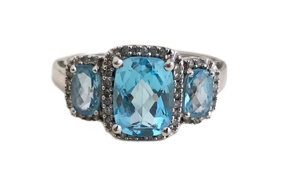 Vintage Blue Topaz Ring - 10k White Gold Diamond … - image 2
