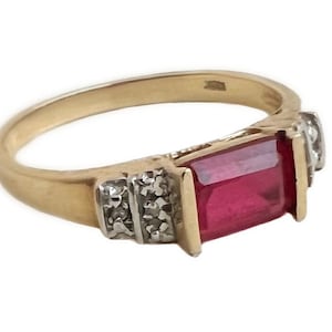 Created Ruby Ring - 10k Yellow Gold Red Gemstone 1970s Era - Size 8