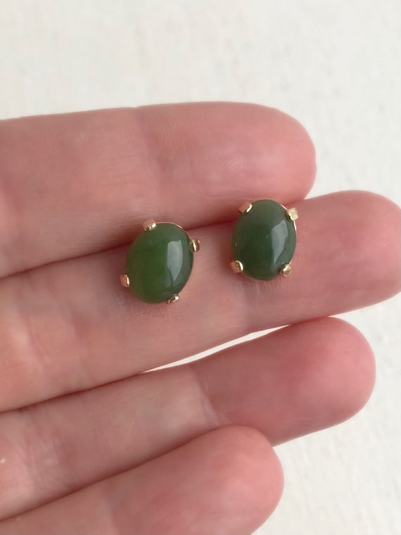 Vintage Jade Earrings - 14k Yellow Stud Earrings - image 3