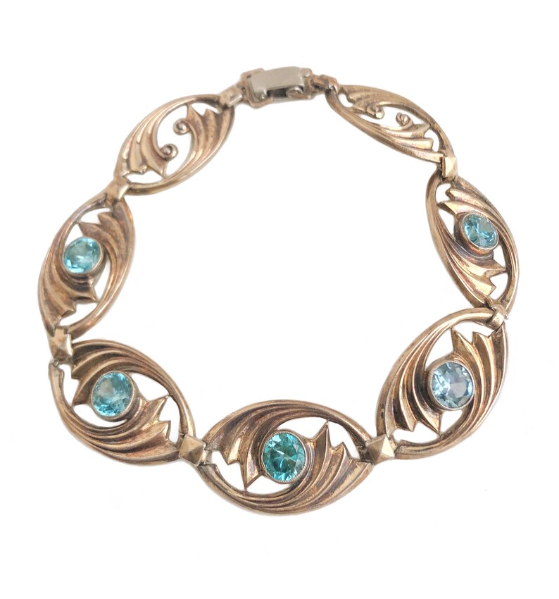 Blue Zircon Bracelet 14k /& Sterling Silver Genuine Blue Stone 8\u201d Link Bracelet 1930s