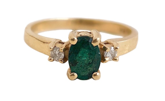 Emerald & Diamond Ring - 14k Yellow Gold Green Gen