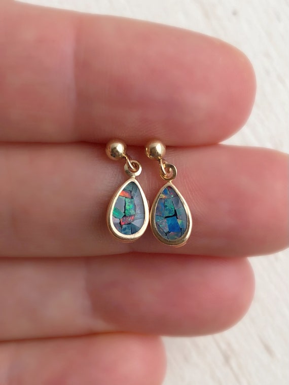 Vintage Opal Earrings - 14k Yellow Gold Mosaic Op… - image 2