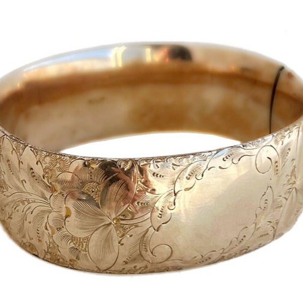 Antique Bangle - Victorian Gold Filled  1800s Thick Etched Bracelet