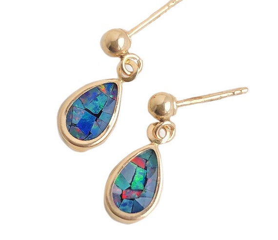 Vintage Opal Earrings - 14k Yellow Gold Mosaic Op… - image 1