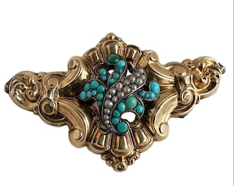 Antique Turquoise Brooch - 14k Yellow Gold Victorian 1800s Seed Pearl Jewelry