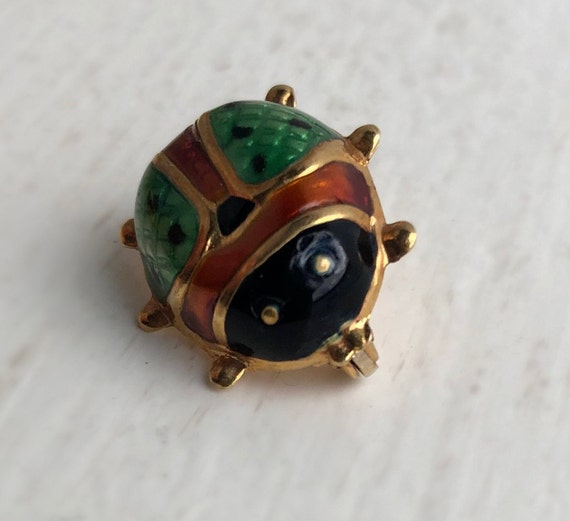 Vintage Gold Bug Brooch - 18k Enamel Lady Bug Pin… - image 3