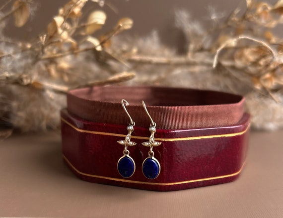 Victorian Lapis Lazuli Earrings - 14k Yellow Gold… - image 5