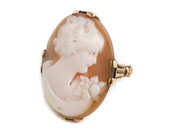 Vintage Cameo Ring - 10k Yellow Gold Large 1930s Art Deco Size 7 Oval Shell Statement Ring