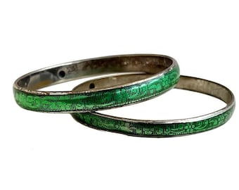 Art Deco Bangles - Sterling Silver Green Enamel 1920s Bracelets