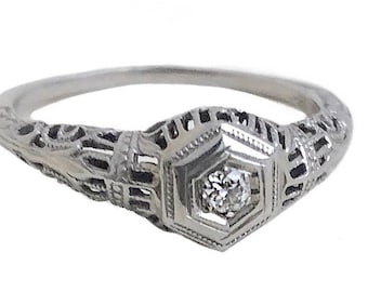 Diamond Engagement Ring - 18k White Gold Filigree Art Deco 1920s Ring - Size 7