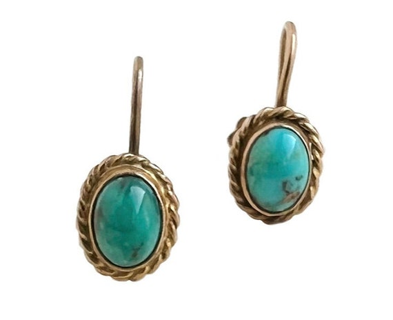 Antique Turquoise Earrings - 9k Rose Gold Screw B… - image 1