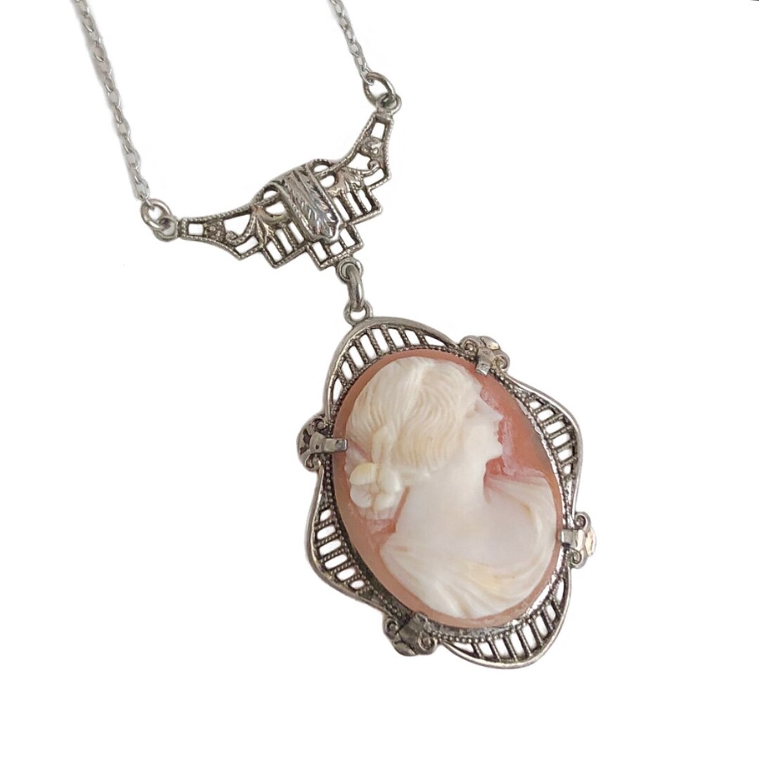 Vintage Cameo Necklace Sterling Silver Carved Shell 1930s Etsy