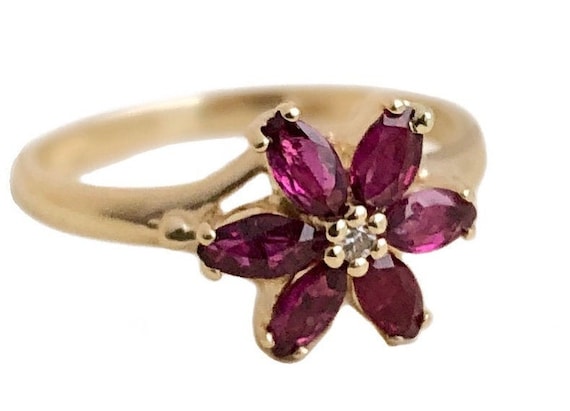 Vintage Ruby Ring - 14k Yellow Gold Ruby Flower R… - image 1