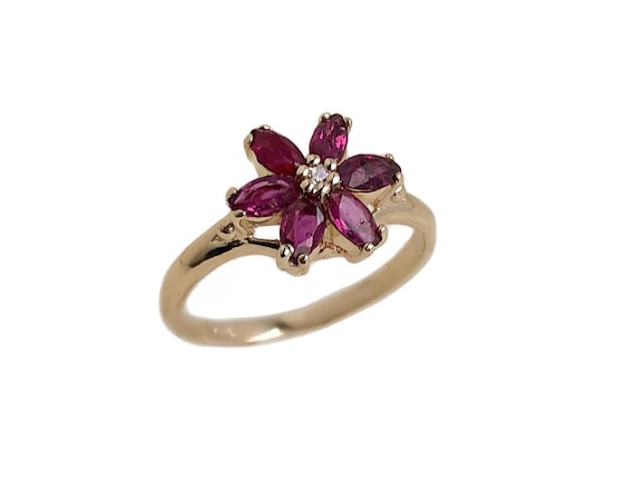 Vintage Ruby Ring - 14k Yellow Gold Ruby Flower R… - image 2