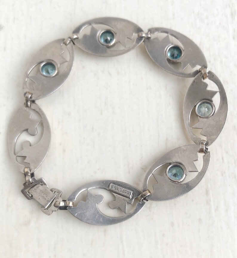 Blue Zircon Bracelet 14k /& Sterling Silver Genuine Blue Stone 8\u201d Link Bracelet 1930s