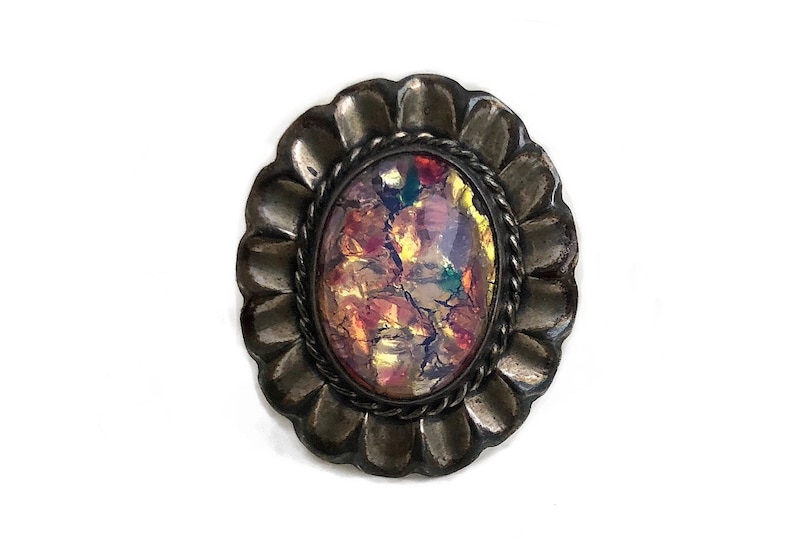 Dichroic Glass Ring Sterling Silver Mexico Southwestern Statement Ring Size 6