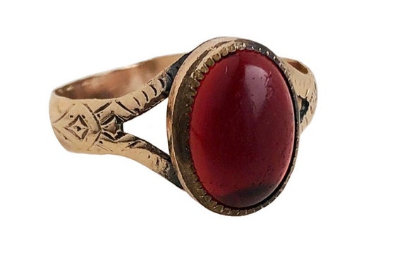 Antique Garnet Ring - 9k Rose Yellow Gold Victori… - image 1