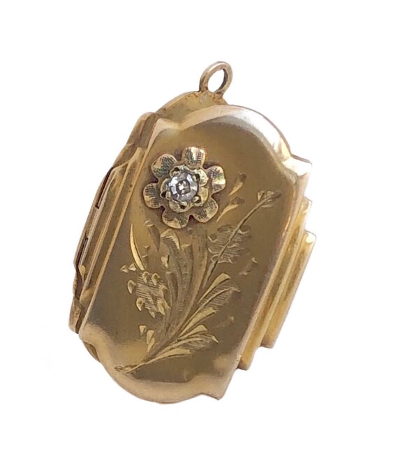 Floral Locket - Vintage 10k Yellow Gold Diamond Fl