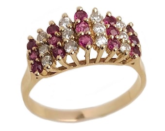 Vintage Ruby Ring - 14k Yellow Gold Red Gemstone & Diamond Cluster - Size 9