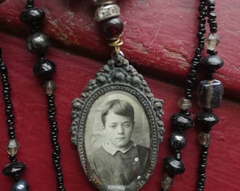 Victorian Mourning Locket Necklace: Antique French Jet, Rosary Beads