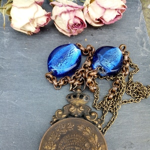 Antique Crown Medallion Necklace: Murano Blue Glass, 1920s Belgian Medal