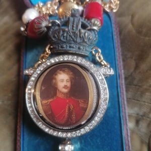 Assemblage Necklace, portrait pendant, upcycled beaded neck piece, unique upcycled objects, wearable art jewellery, portrait of gentleman