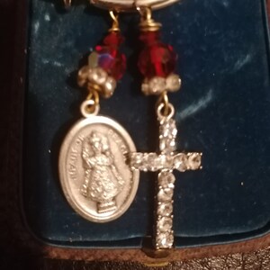 holy medal earrings, crucifix earrings, child of Prague, sacred heart, boho earrings, funky mismatched, asymmetrical , red, rhinestone cross