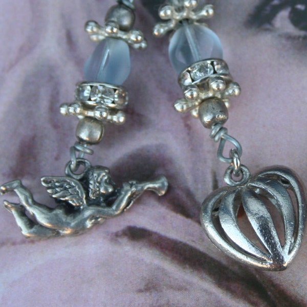 Heart and cherub earrings, unique earrings, hearst, cherubs, cupid, putti, unusual, Silver cherubs, Silver angel,  rejuvinated,