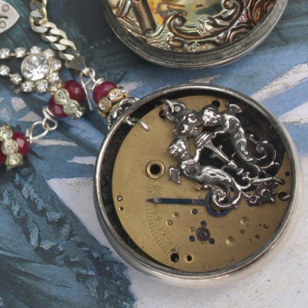 silver cherubs, Pocket watch, French necklace, antique art noveau Chatelaine object Assemblage, Paris, Lion, pocket watch, Victorian scroll,