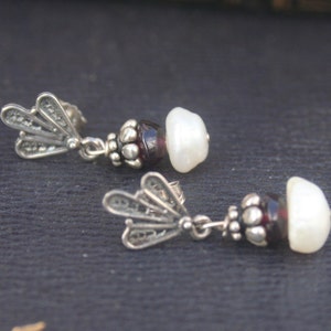 Baroque Pearl Garnet Earrings: Antique Sterling Silver Bridal Jewelry