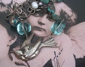 Silver Bird Assemblage Necklace, couture collage jewelry, upcycled estate, antique statement ooak, Aqua beads, Bespoke Figural jewelry, boho