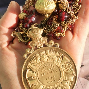 Christmas necklace, French Antique medal necklace, unique assemblage necklace, large seal, runway, huge medallion, gold statement, bohemia