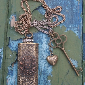 Vintage Brass Match Safe Necklace: Crown, Heart, Key Reliquary