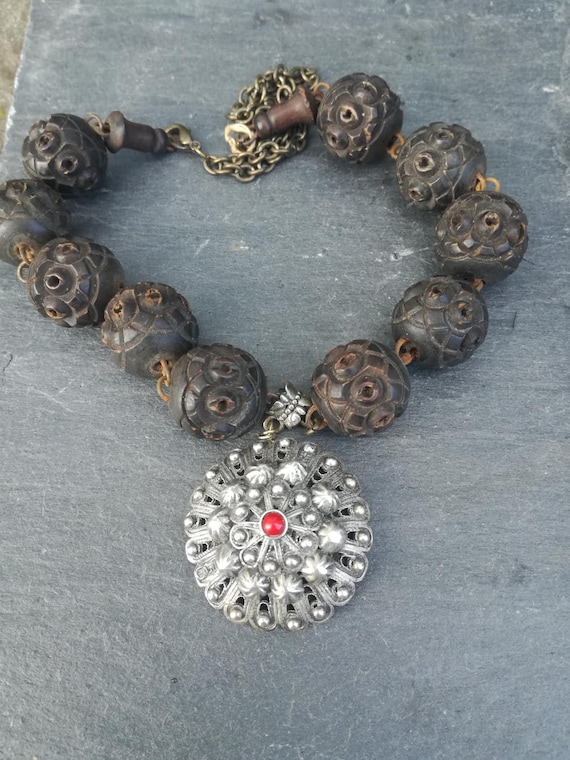 Victorian Silver Antique Carved Bead Necklace French 1800s