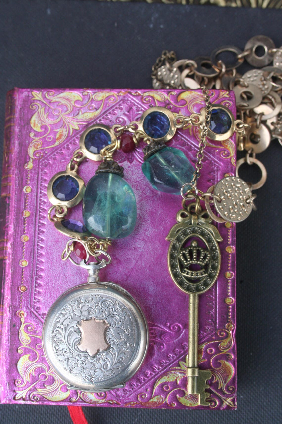 Antique Pocket Watch and Gemstone Collage Necklace, Gold Vermeil Upcycled Jewelry, Victorian
