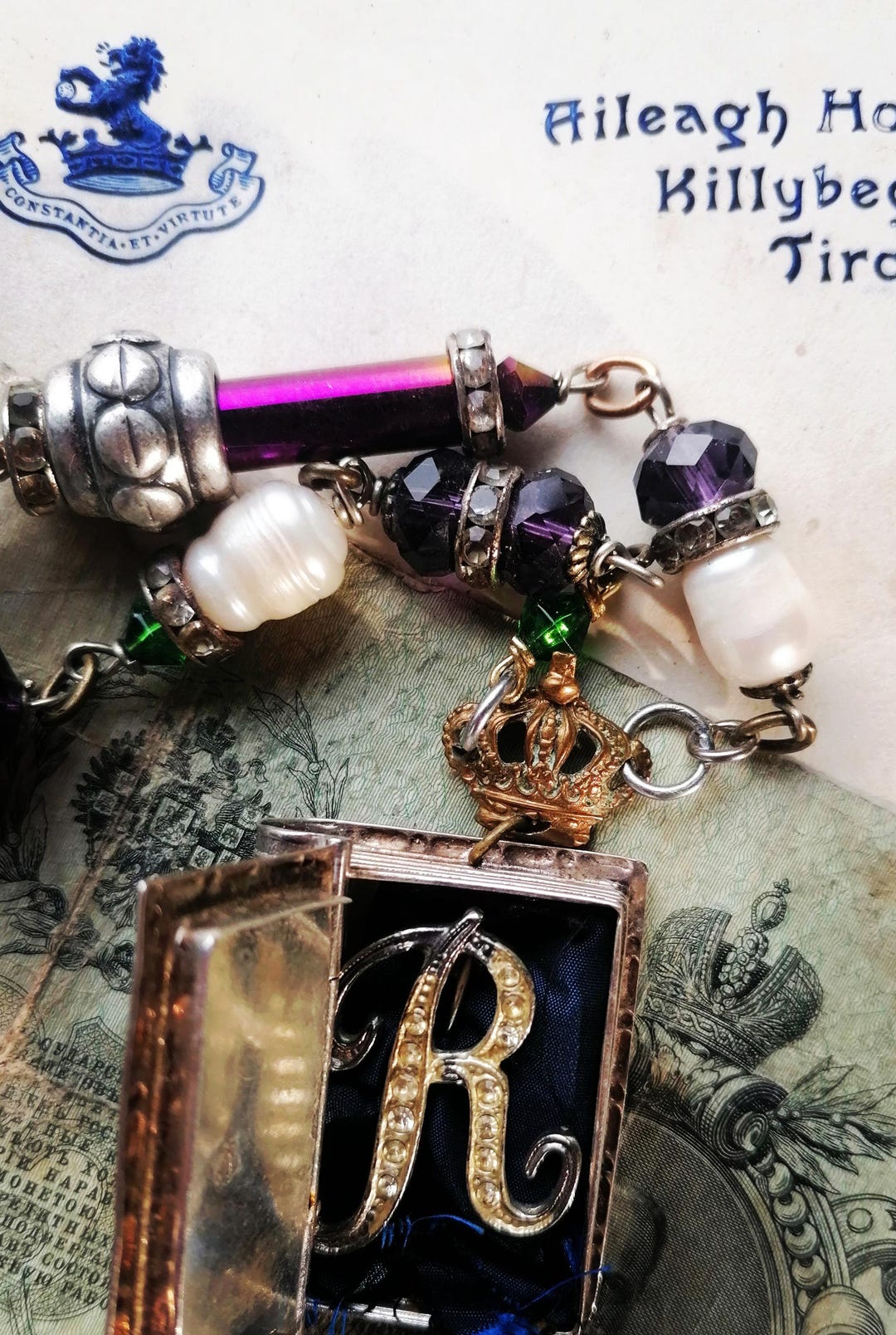 Antique Silver Book Locket Necklace: Letter R, Pearl & Crown - Etsy