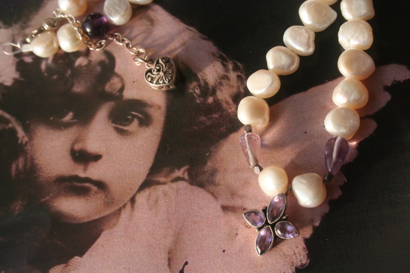 Unique Gift for Her, Pearl Necklace, Amethyst Necklace, Bridal Necklace