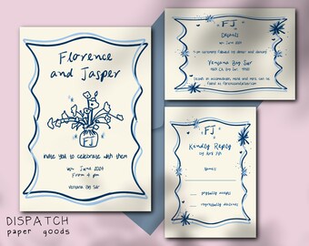 Invitación de boda floral dibujada a mano, plantilla imprimible