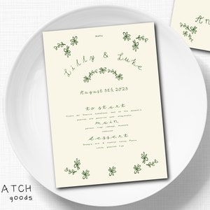 Plantilla MENÚ & PLACECARD, Descarga instantánea, Ilustración de boceto floral editable y caprichosa