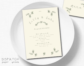 Plantilla MENÚ & PLACECARD, Descarga instantánea, Ilustración de boceto floral editable y caprichosa