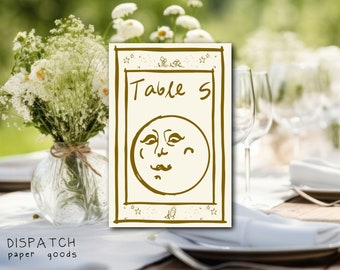 Plantilla de número de mesa de boda dibujada a mano, ilustración de la luna (descarga digital)