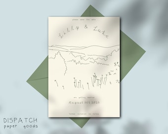 Plantilla rústica para guardar la fecha en la montaña, bosque dibujado a mano (descarga digital)