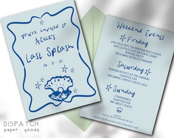 Plantilla de invitación a despedida de soltera, itinerario de fin de semana escrito a mano, caprichosa ilustración de concha de ostra dibujada a mano, imprimible