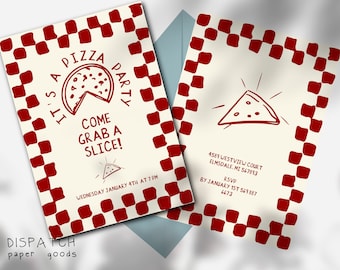 Plantilla de invitación a fiesta de pizza, invitación a cena, fiesta de cumpleaños, invitación escrita a mano dibujada a mano, invitación editable linda
