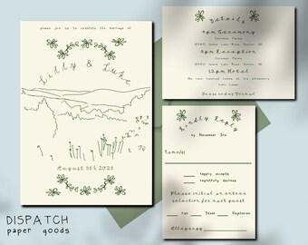 Invitaciones de boda rústicas de montaña con diseño floral (plantilla imprimible)