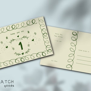 HAPPY BIRTHDAY POSTCARD Template, Party Invitation, Handwritten Font, Hand Drawn Doodle Illustration,  Printable