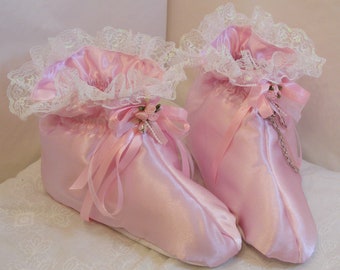 sissy adult baby ABDL satin padded booties slippers any colour 5 sizes bells chain and lock options