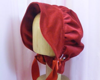 ladies adult black or red velvet bonnet hat regency edwardian victorian prairie fully linned csplay re enactment school fancydress