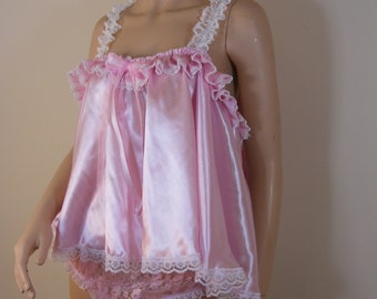 sissy  pink satin baby doll nighty negligee dress  cami top cosplay fancydress CD TV  all sizes